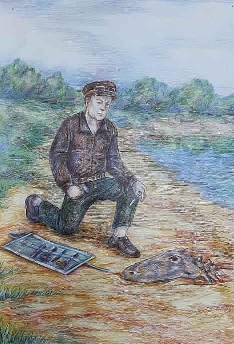 И.А.Ефремов на раскопках ветлугозавра около реки Ветлуги.